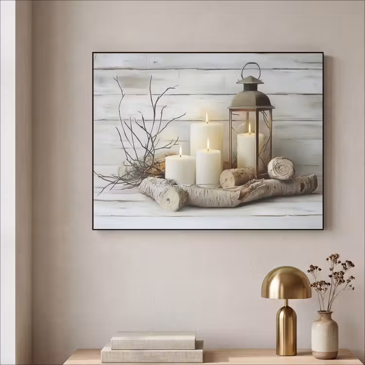 Stilleven - Wit - Kaarsen - Rustiek - Natuur Textielframe zwart klein -sfeer2