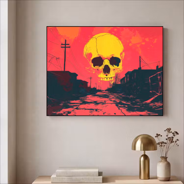 Straat - Verlaten - Schedel - Geel Textielframe - compleet frame klein -sfeer2