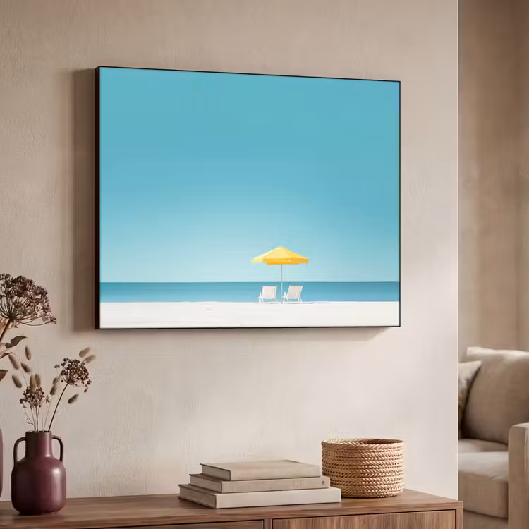 Strand - Blauwe lucht - Geel - Parasol Textielframe zwart klein -sfeer3
