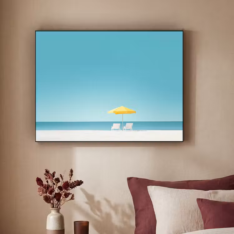 Strand - Blauwe lucht - Geel - Parasol Textielframe - compleet frame klein -sfeer1