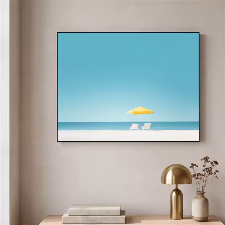 Strand - Blauwe lucht - Geel - Parasol Textielframe - compleet frame klein -sfeer2