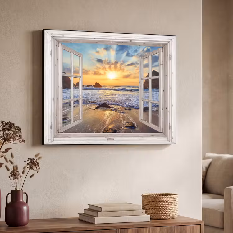 Strand - Doorkijk - Zonsondergang - Landschap - Zee - Natuur Textielframe zwart klein -sfeer3