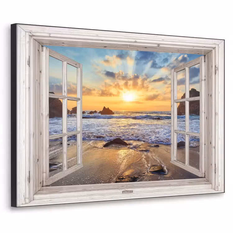 Strand - Doorkijk - Zonsondergang - Landschap - Zee - Natuur Textielframe zwart klein -3d