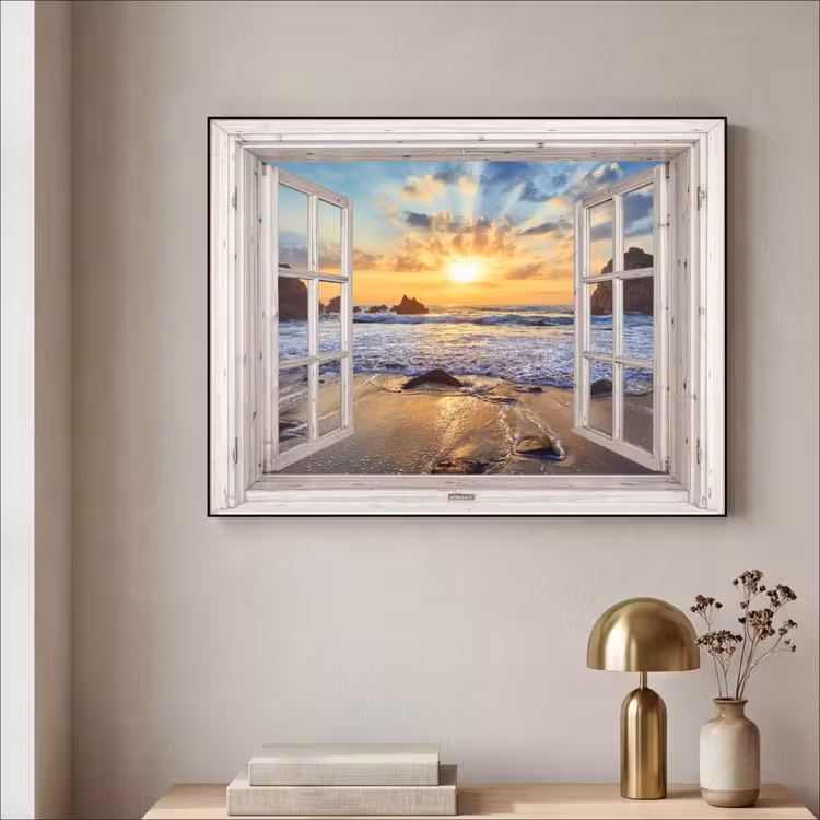 Strand - Doorkijk - Zonsondergang - Landschap - Zee - Natuur Textielframe - compleet frame klein -sfeer2