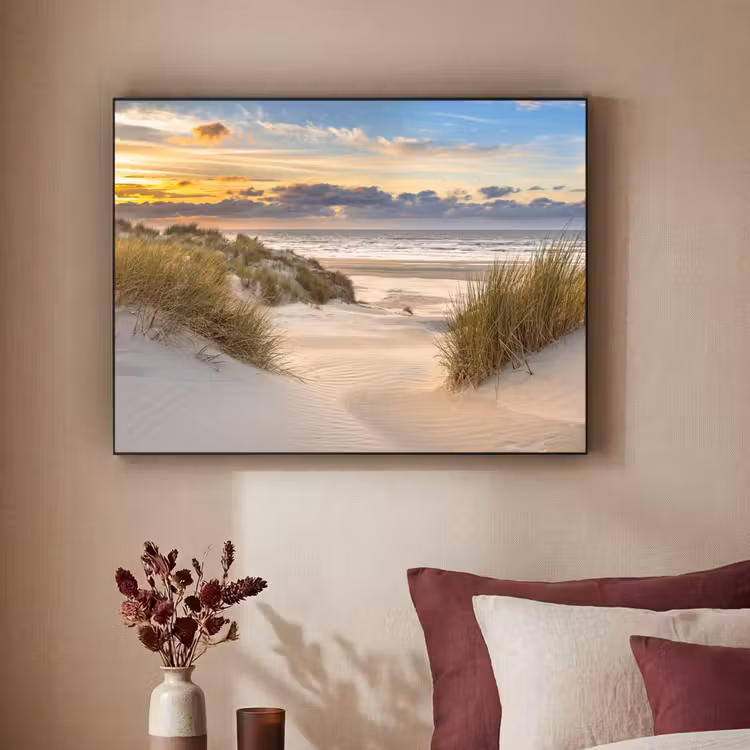 Strand - Duin - Gras - Zonsondergang - Zee Textielframe zwart klein -sfeer1
