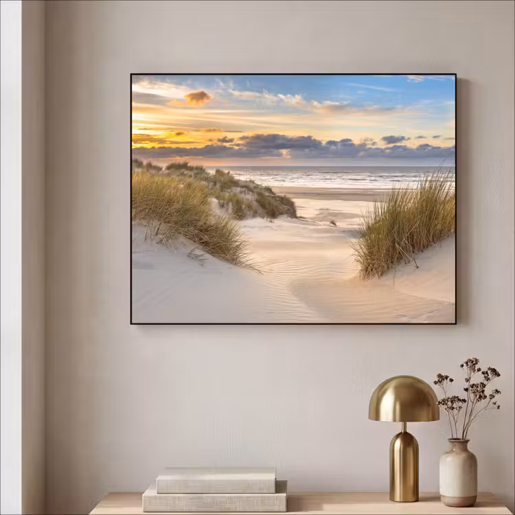 Strand - Duin - Gras - Zonsondergang - Zee Textielframe zwart klein -sfeer2
