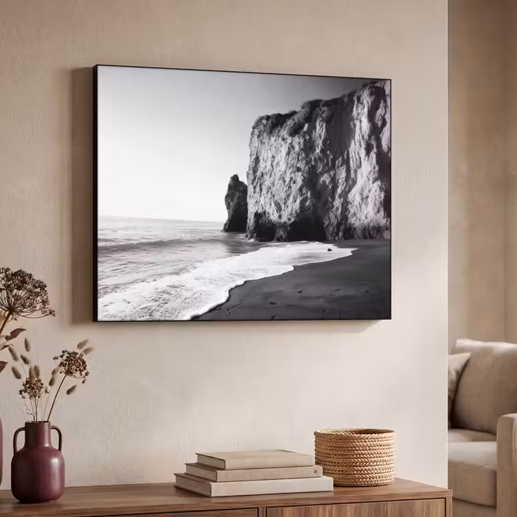 Strand - Klif - Golven - Voetstappen Textielframe zwart klein -sfeer3