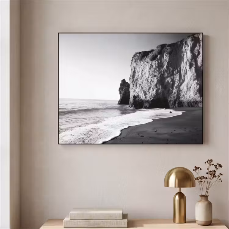 Strand - Klif - Golven - Voetstappen Textielframe zwart klein -sfeer2