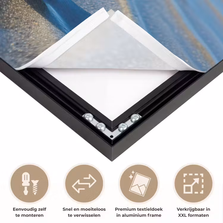 Strand - Schild - Water - Blauw Textielframe zwart klein -USP_closeupNL