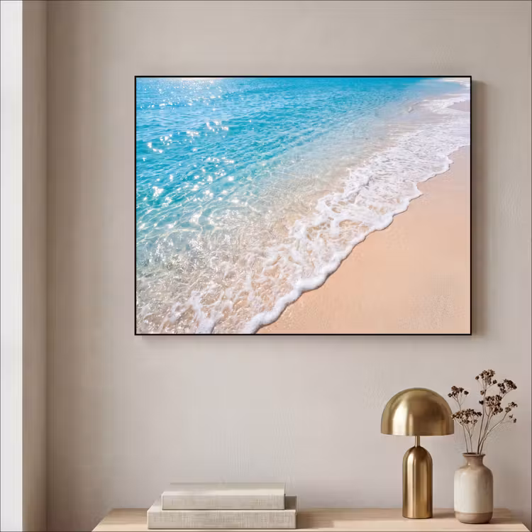 Strand - Water - Natuur - Blauw - Beige Textielframe zwart klein -sfeer2