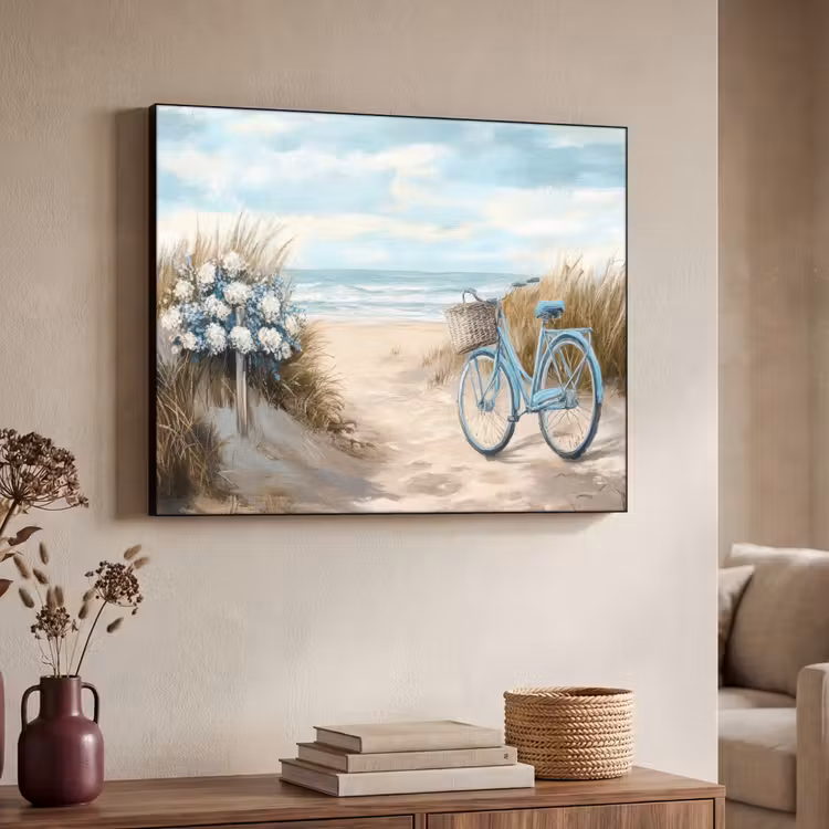 Strand - Zee - Fiets - Vintage - Bloemen Textielframe - compleet frame klein -sfeer3