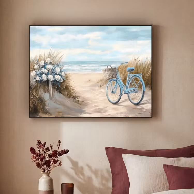 Strand - Zee - Fiets - Vintage - Bloemen Textielframe - compleet frame klein -sfeer1