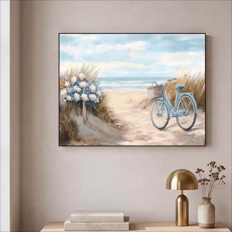 Strand - Zee - Fiets - Vintage - Bloemen Textielframe - compleet frame klein -sfeer2