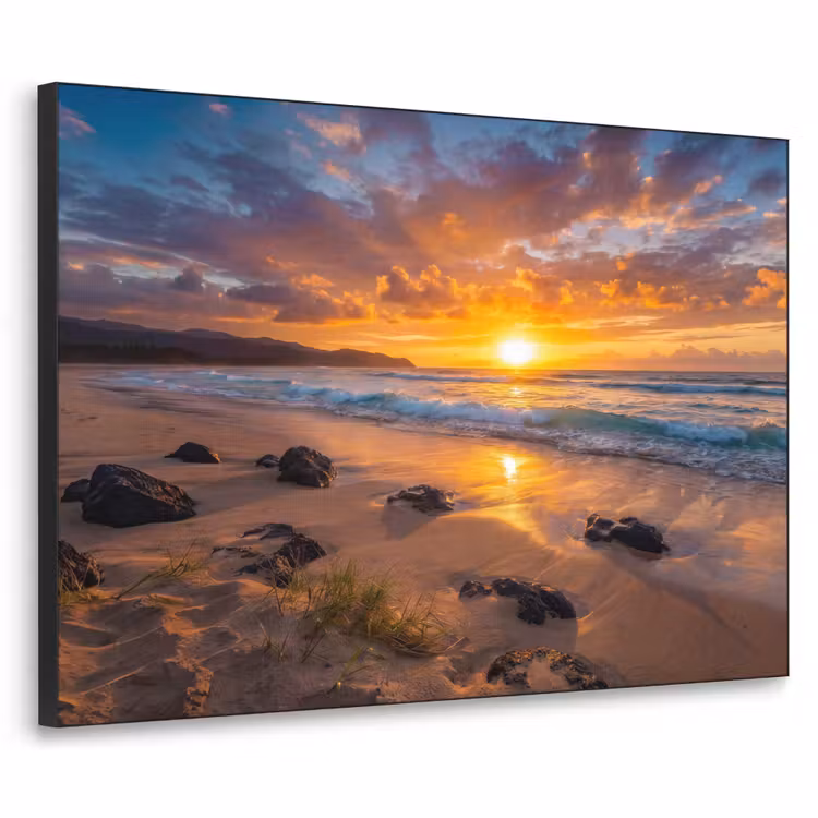 Strand - Zonsondergang - Golven - Natuur - Oranje Textielframe zwart klein -3d