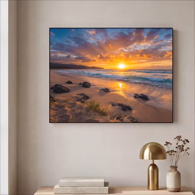 Strand - Zonsondergang - Golven - Natuur - Oranje Textielframe zwart klein -sfeer2