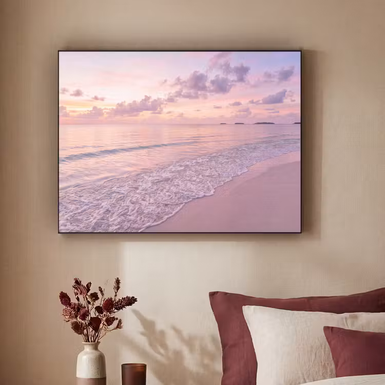 Strand - Zonsondergang - Natuur - Minimalistisch - Roze Textielframe zwart klein -sfeer1