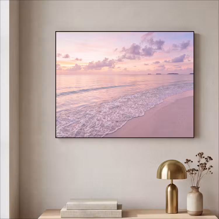 Strand - Zonsondergang - Natuur - Minimalistisch - Roze Textielframe zwart klein -sfeer2