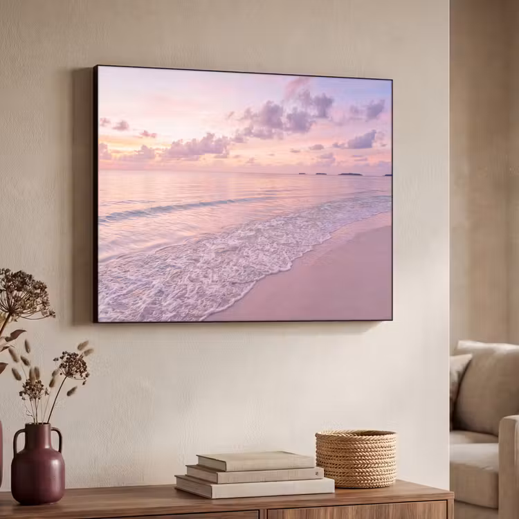 Strand - Zonsondergang - Natuur - Minimalistisch - Roze Textielframe zwart klein -sfeer3