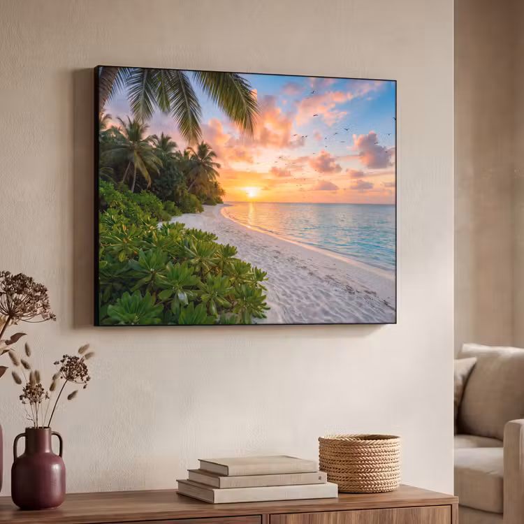 Strand - Zonsondergang - Palmbomen - Tropisch - Natuur Textielframe zwart klein -sfeer3