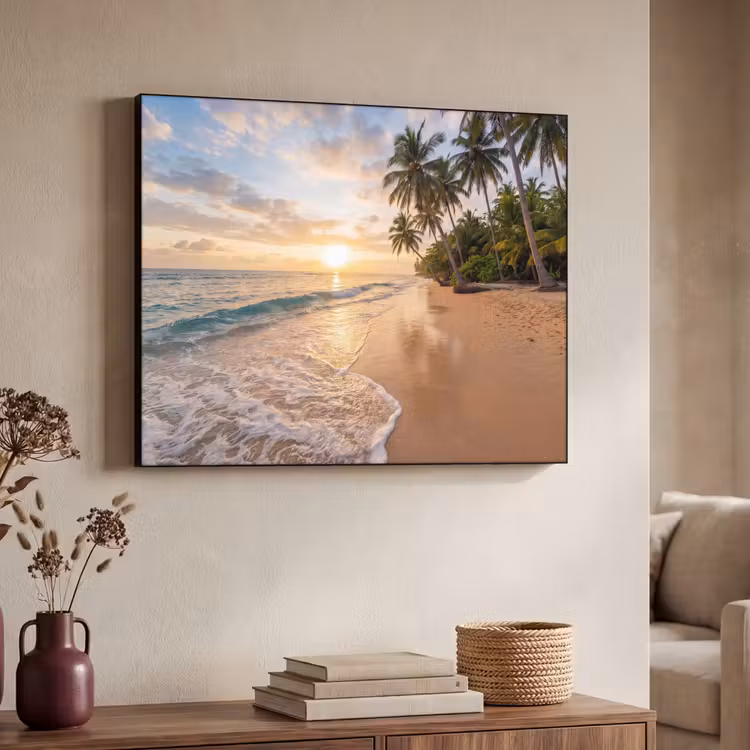 Strand - Zonsondergang - Tropisch - Natuur - Goud Textielframe zwart klein -sfeer3