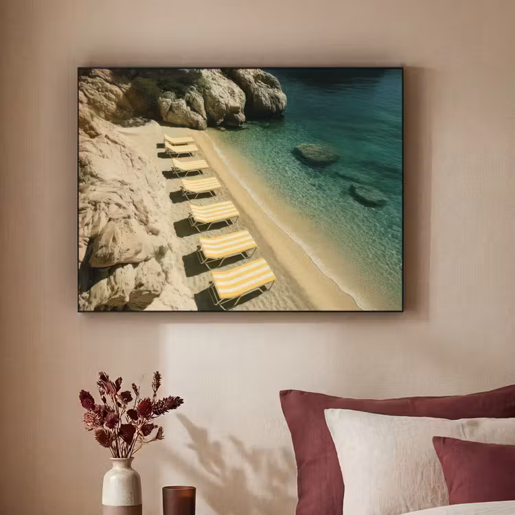 Strandbedden - Zee - Stenen - Baai Textielframe zwart klein -sfeer1