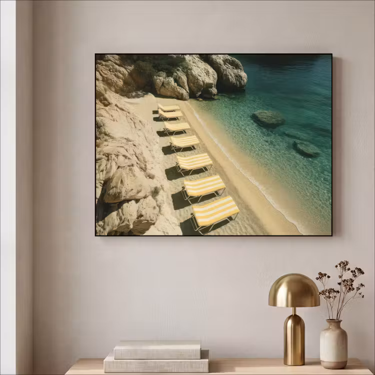 Strandbedden - Zee - Stenen - Baai Textielframe zwart klein -sfeer2