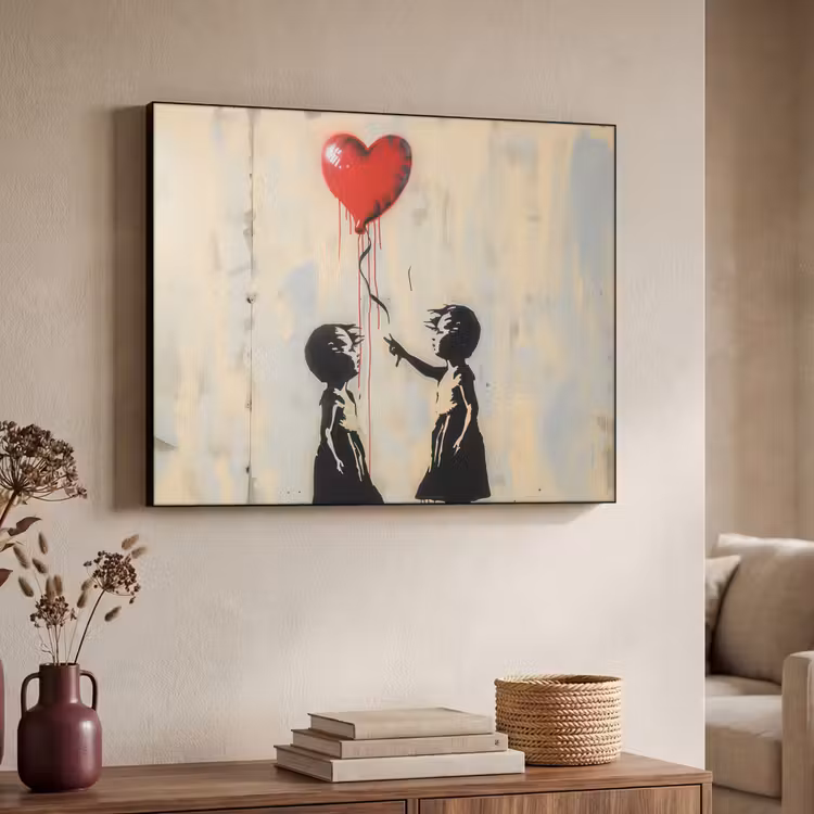 Street art - Banksy - Ballon - Graffiti - Hart Textielframe zwart klein -sfeer3