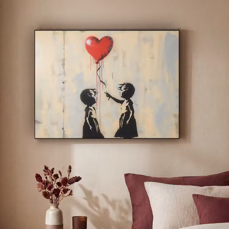Street art - Banksy - Ballon - Graffiti - Hart Textielframe - compleet frame klein -sfeer1