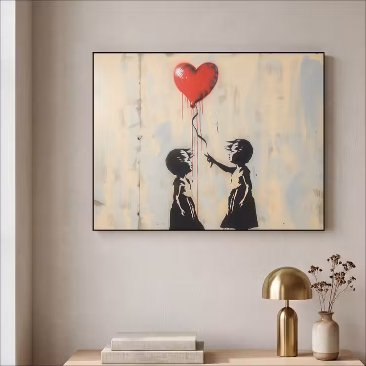 Street art - Banksy - Ballon - Graffiti - Hart Textielframe zwart klein -sfeer2