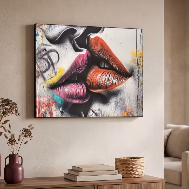 Street art - Lippen - Kus - Graffiti Textielframe - compleet frame klein -sfeer3