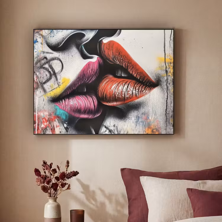 Street art - Lippen - Kus - Graffiti Textielframe - compleet frame klein -sfeer1