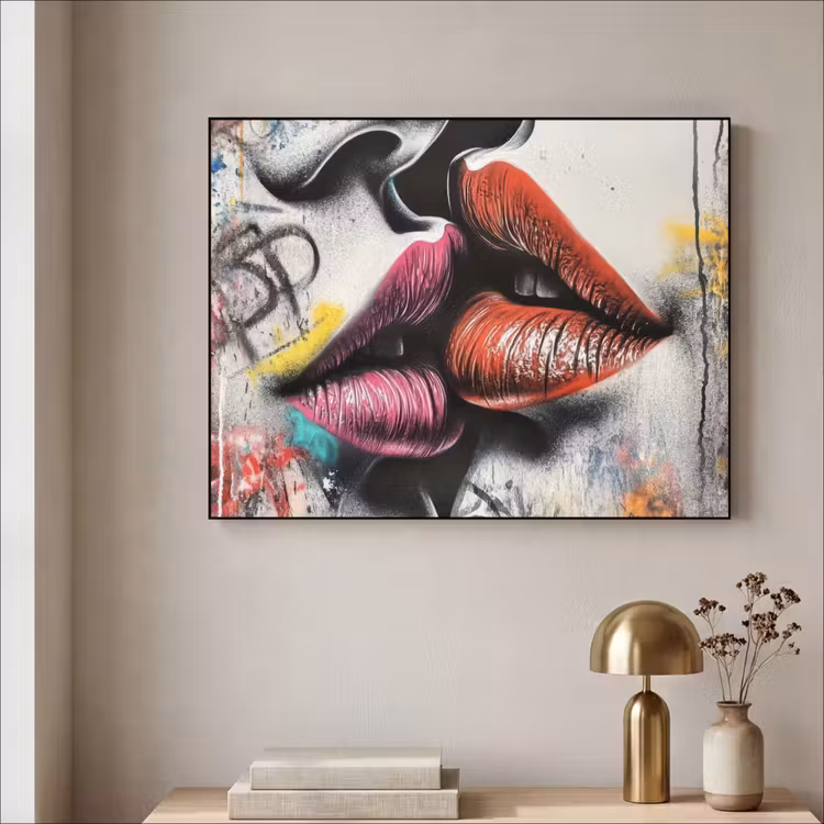 Street art - Lippen - Kus - Graffiti Textielframe zwart klein -sfeer2