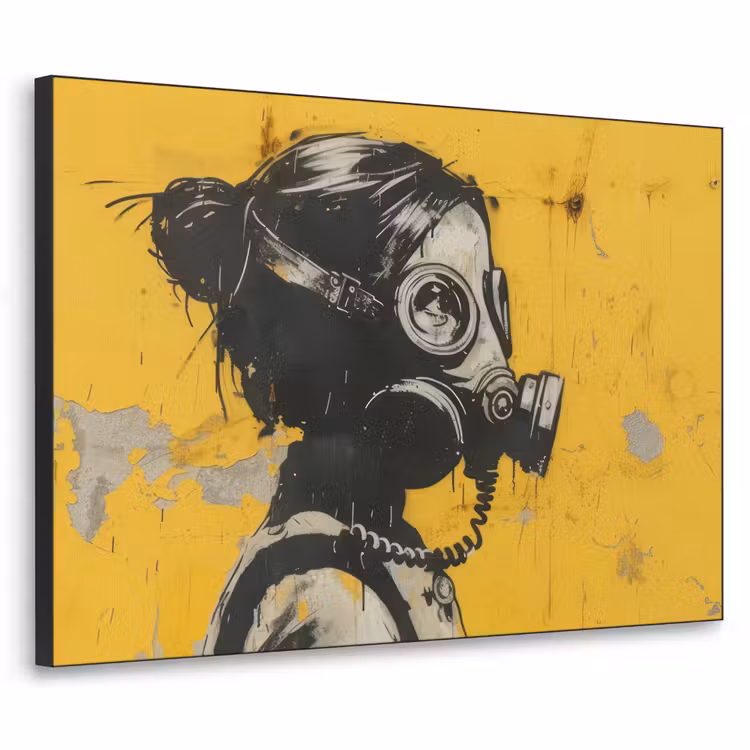Street art - Meisje - Geel - Banksy Style Textielframe - compleet frame klein -3d
