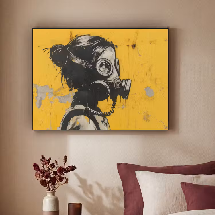 Street art - Meisje - Geel - Banksy Style Textielframe - compleet frame klein -sfeer1