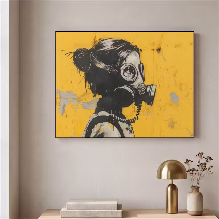 Street art - Meisje - Geel - Banksy Style Textielframe zwart klein -sfeer2