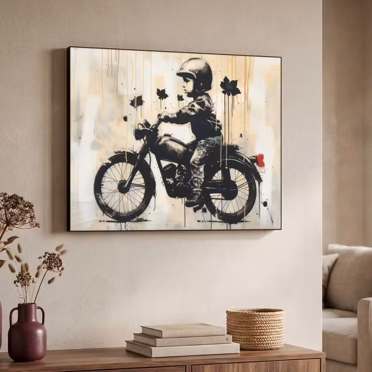 Street art - Motor - Jongen - Graffiti - Banksy Style Textielframe - compleet frame klein -sfeer3
