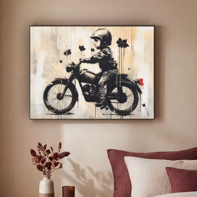 Street art - Motor - Jongen - Graffiti - Banksy Style Textielframe - compleet frame klein -sfeer1