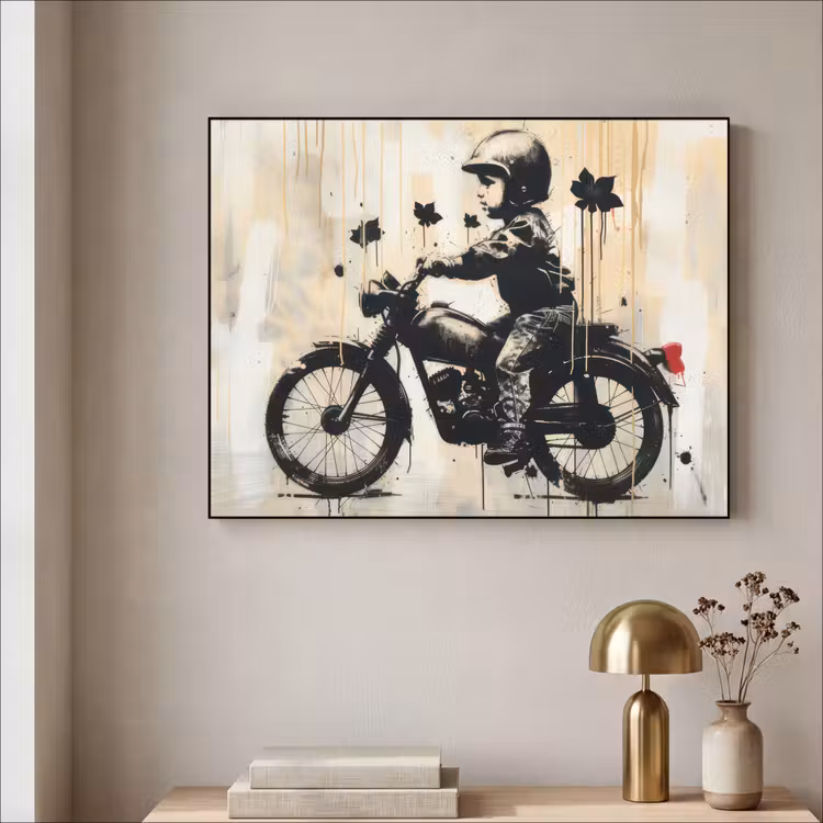 Street art - Motor - Jongen - Graffiti - Banksy Style Textielframe zwart klein -sfeer2