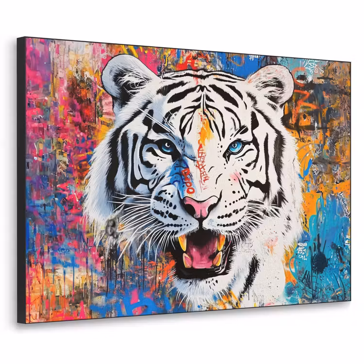 Street art - Tijger - Wit - Graffiti - Dieren Textielframe - compleet frame klein -3d