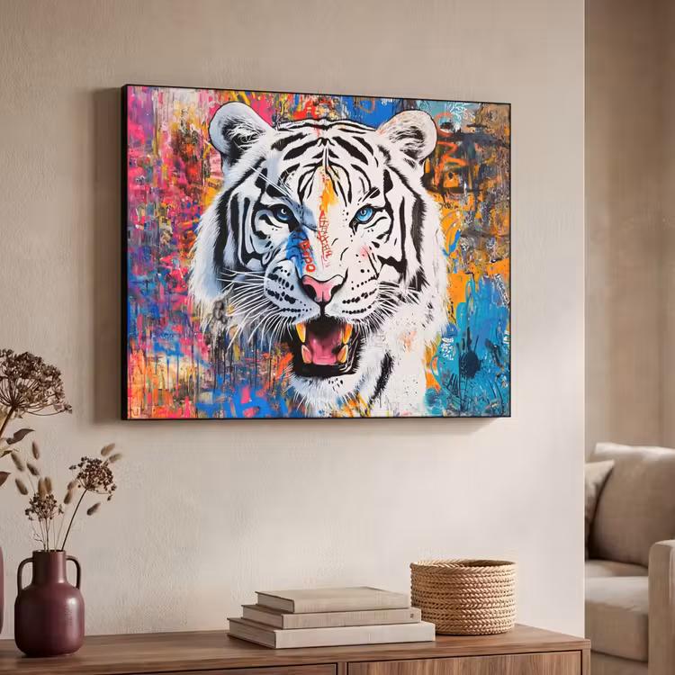 Street art - Tijger - Wit - Graffiti - Dieren Textielframe - compleet frame klein -sfeer3
