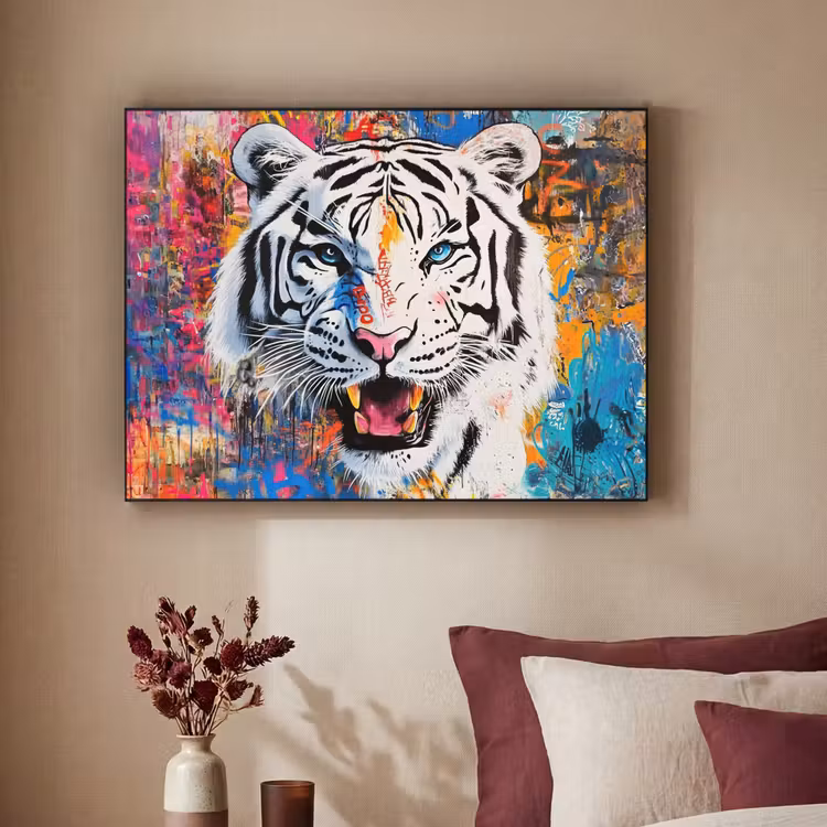 Street art - Tijger - Wit - Graffiti - Dieren Textielframe zwart klein -sfeer1