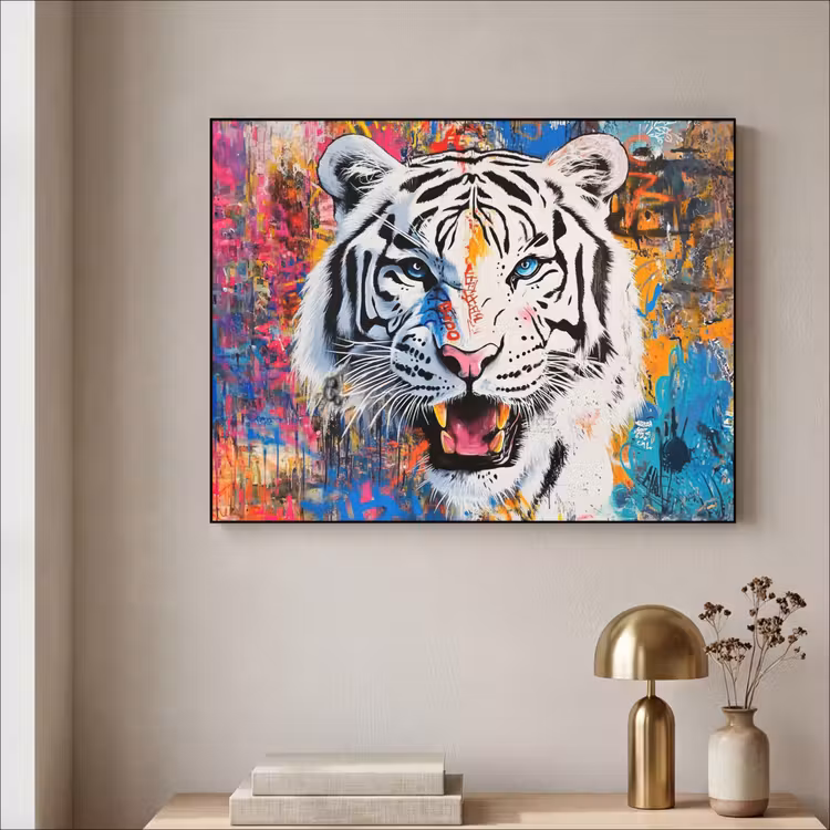 Street art - Tijger - Wit - Graffiti - Dieren Textielframe - compleet frame klein -sfeer2
