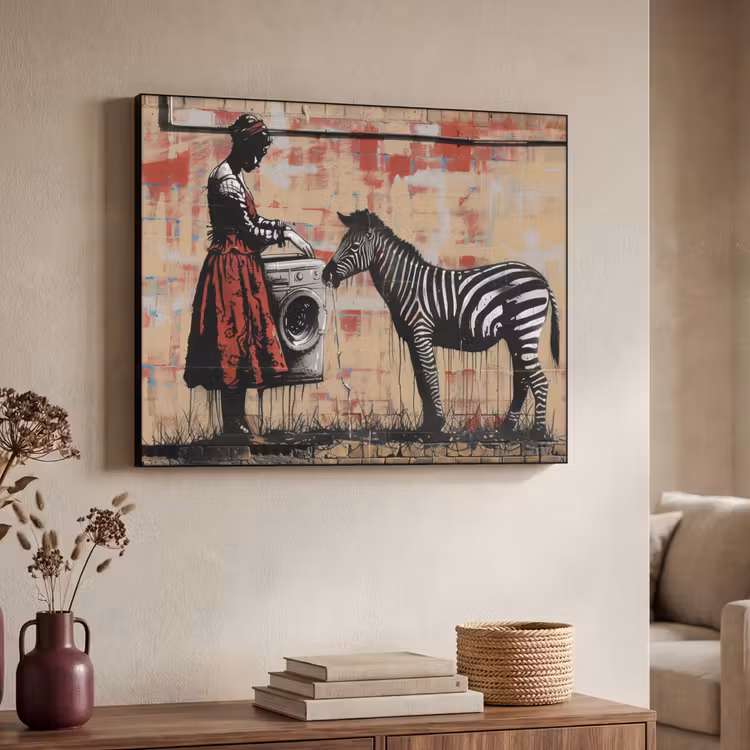 Street art - Zebra - Vrouw - Dieren - Graffiti - Banksy Style Textielframe zwart klein -sfeer3