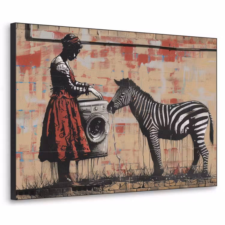 Street art - Zebra - Vrouw - Dieren - Graffiti - Banksy Style Textielframe zwart klein -3d