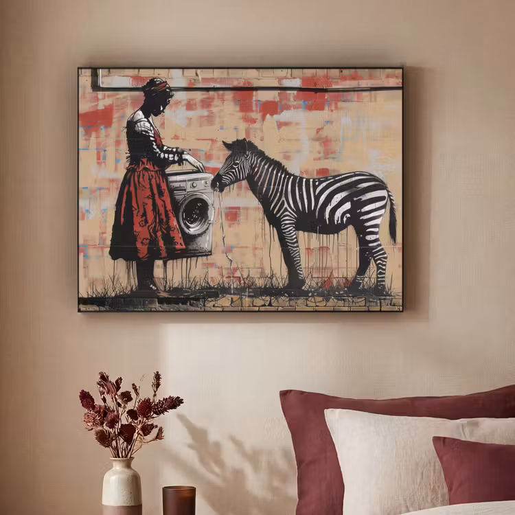 Street art - Zebra - Vrouw - Dieren - Graffiti - Banksy Style Textielframe - compleet frame klein -sfeer1