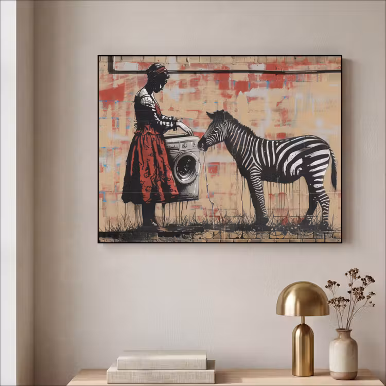 Street art - Zebra - Vrouw - Dieren - Graffiti - Banksy Style Textielframe zwart klein -sfeer2