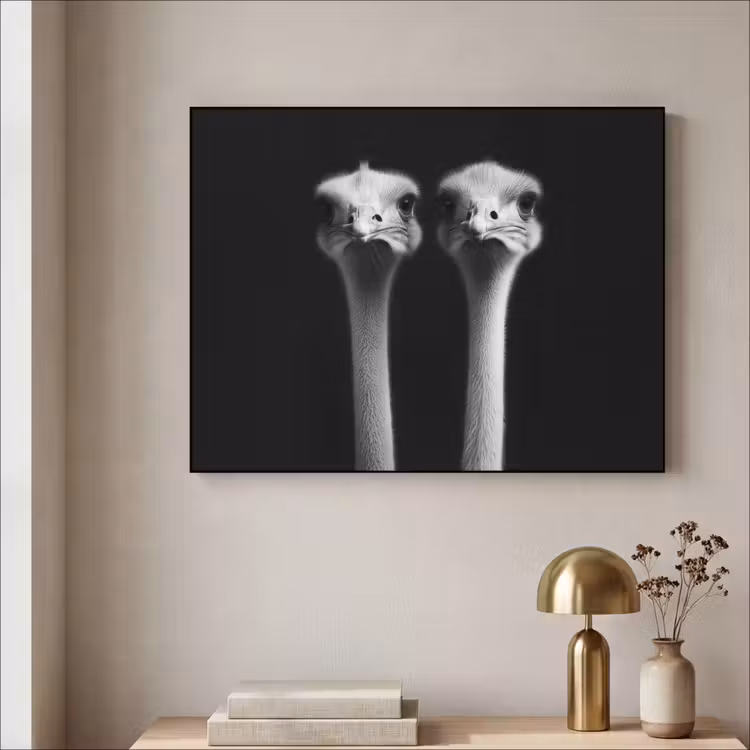 Struisvogels - Halzen - Zwart - Minimalistisch Textielframe - compleet frame klein -sfeer2
