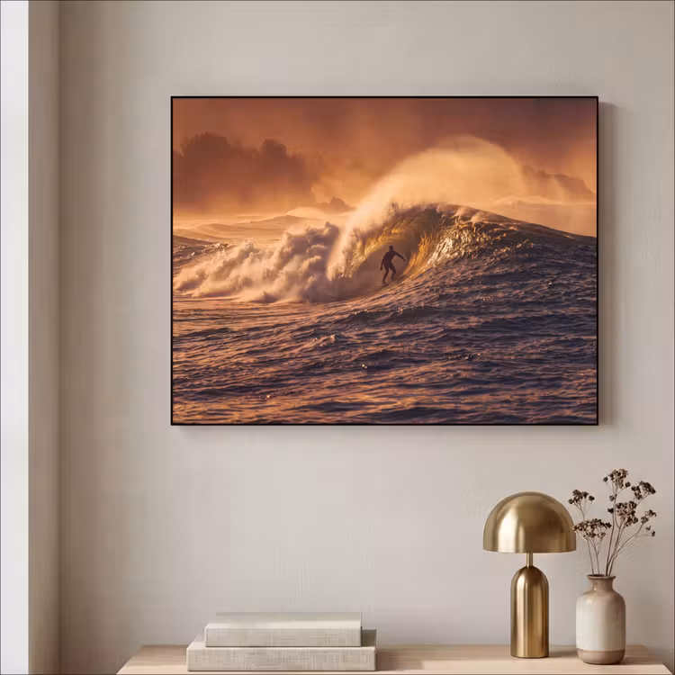 Surfer - Golf - Oceaan - Sport - Oranje Textielframe zwart klein -sfeer2