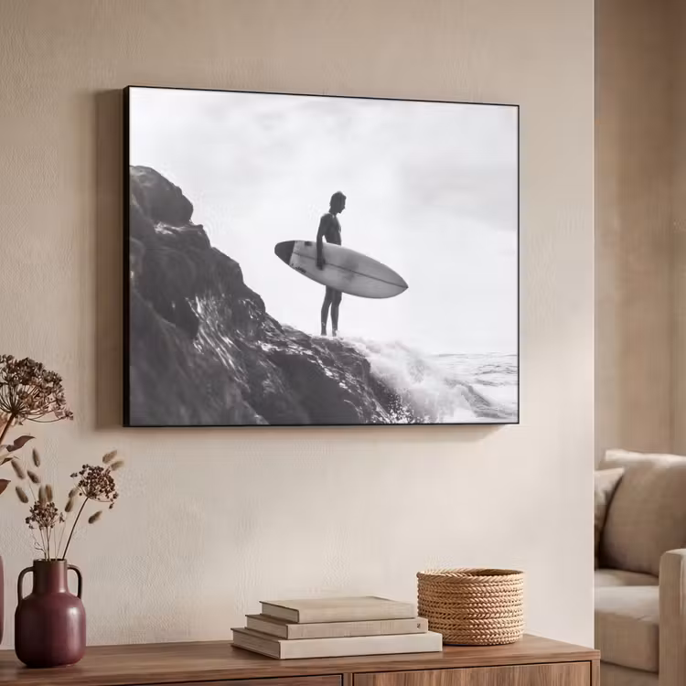 Surfer - Rots - Oceaan - Golven Textielframe zwart klein -sfeer3