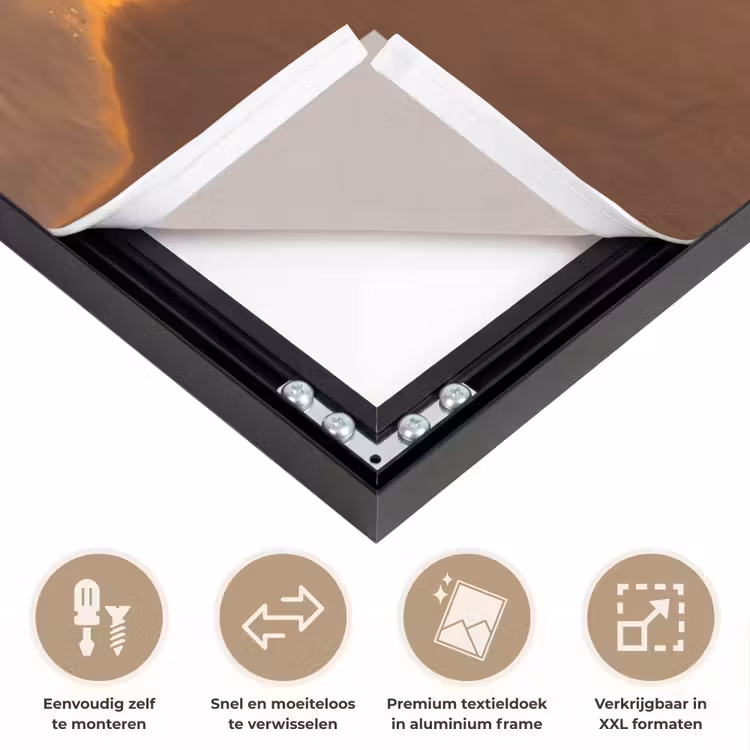 Surfer - Strand - Zonsondergang - Oceaan - Goud Textielframe zwart klein -USP_closeupNL